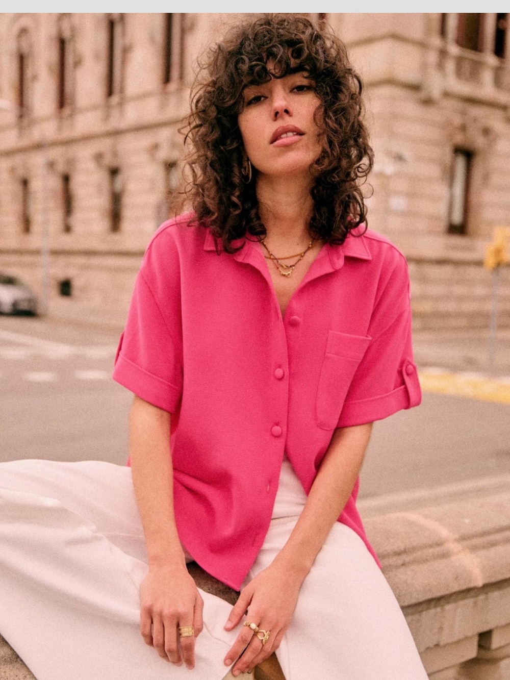 Sezane Laurine Button Down in Bright Pink